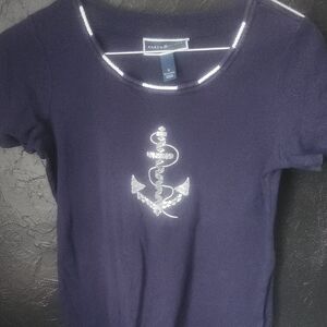 Karen Scott Dark Blue Tee with Rhinestone Anchor